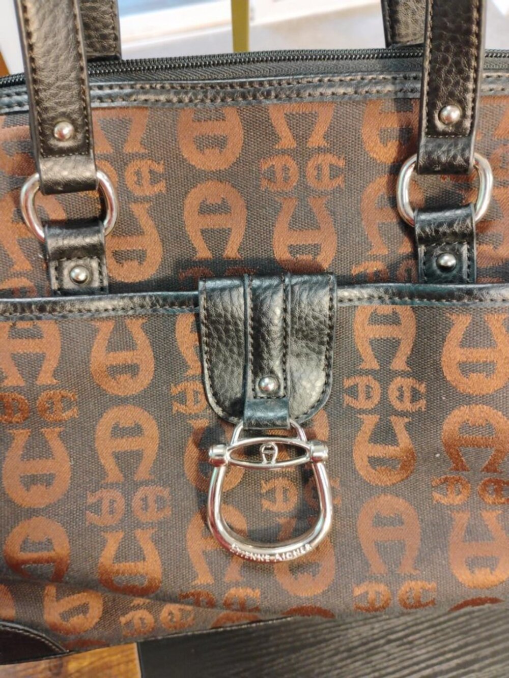 Etienne Aigner Monogram Stirrup Shoulder Bag Brown Black Y2K